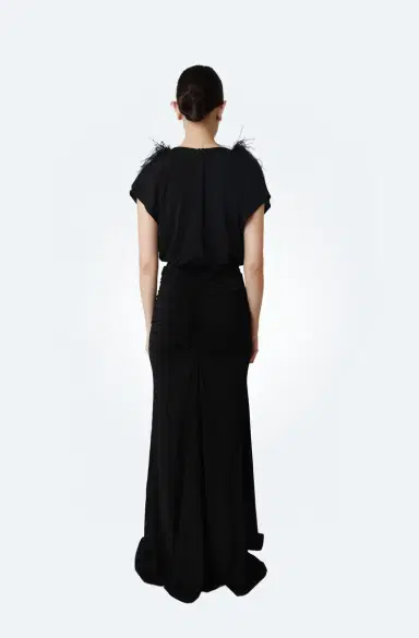 Lapointe Jersey V Neck Shirred Gown With Feathers | Thumbnail 2 Lapointe Jersey V Neck Shirred Gown With Feathers | Thumbnail 2