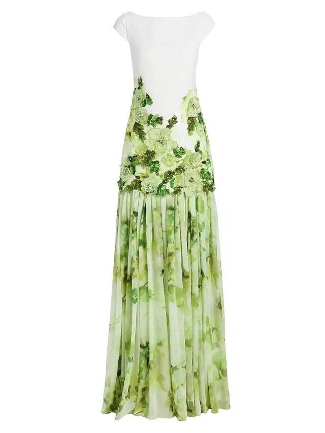 Women's Floral Appliqué Drop-Waist Gown - Lime Multi Women's Floral Appliqué Drop-Waist Gown - Lime Multi