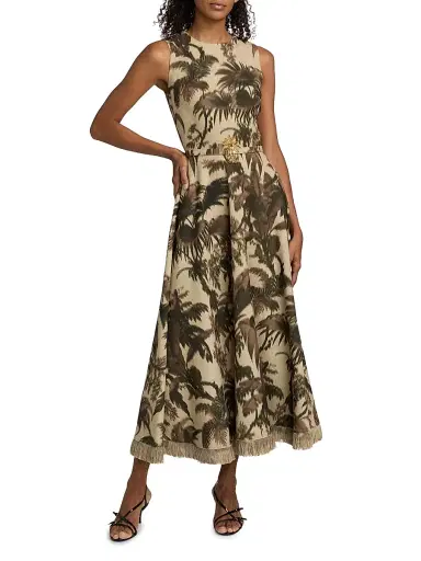 Oscar de la Renta Women's Palm Crepe De Chine Belted Midi-Dress - Espresso | Thumbnail 2 Oscar de la Renta Women's Palm Crepe De Chine Belted Midi-Dress - Espresso | Thumbnail 2