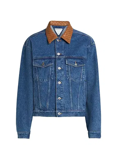 Bottega Veneta Men's Intrecciato Collar Denim Trucker Jacket - Medium Blue - Size 44 | Thumbnail 1 Bottega Veneta Men's Intrecciato Collar Denim Trucker Jacket - Medium Blue - Size 44 | Thumbnail 1