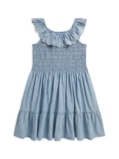 Polo Ralph Lauren Little Girl's & Girl's Blueberry-Overlay Chambray Smocked Dress - New Medium Wash | Thumbnail 2 Polo Ralph Lauren Little Girl's & Girl's Blueberry-Overlay Chambray Smocked Dress - New Medium Wash | Thumbnail 2