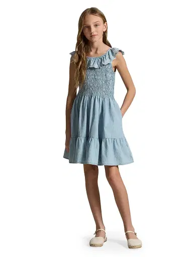 Polo Ralph Lauren Little Girl's & Girl's Blueberry-Overlay Chambray Smocked Dress - New Medium Wash | Thumbnail 3 Polo Ralph Lauren Little Girl's & Girl's Blueberry-Overlay Chambray Smocked Dress - New Medium Wash | Thumbnail 3