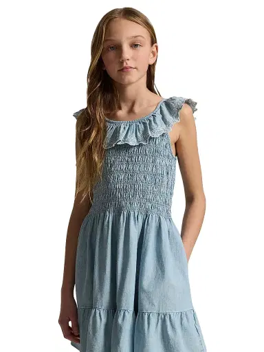 Polo Ralph Lauren Little Girl's & Girl's Blueberry-Overlay Chambray Smocked Dress - New Medium Wash | Thumbnail 4 Polo Ralph Lauren Little Girl's & Girl's Blueberry-Overlay Chambray Smocked Dress - New Medium Wash | Thumbnail 4