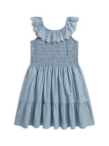 Polo Ralph Lauren Little Girl's & Girl's Blueberry-Overlay Chambray Smocked Dress - New Medium Wash | Thumbnail 1 Polo Ralph Lauren Little Girl's & Girl's Blueberry-Overlay Chambray Smocked Dress - New Medium Wash | Thumbnail 1