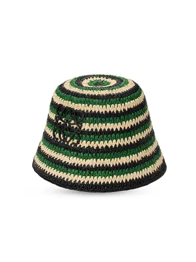 Loewe Women's x Paula's Ibiza Anagram Striped Raffia Bucket Hat - Black Green | Thumbnail 1 Loewe Women's x Paula's Ibiza Anagram Striped Raffia Bucket Hat - Black Green | Thumbnail 1