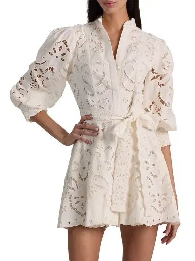 ALICE + OLIVIA Women's Lucy Embroidered Cotton Mini Shirtdress - Off White | Thumbnail 3 ALICE + OLIVIA Women's Lucy Embroidered Cotton Mini Shirtdress - Off White | Thumbnail 3