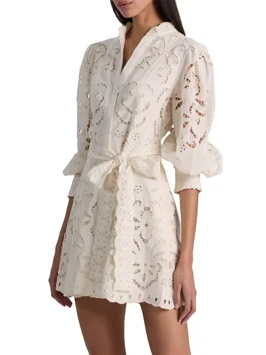 ALICE + OLIVIA Women's Lucy Embroidered Cotton Mini Shirtdress - Off White | Thumbnail 4 ALICE + OLIVIA Women's Lucy Embroidered Cotton Mini Shirtdress - Off White | Thumbnail 4