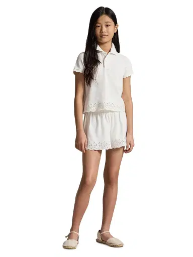 Polo Ralph Lauren Little Girl's & Girl's Eyelet Stretch Mesh Polo Shirt & Shorts Set - White | Thumbnail 3 Polo Ralph Lauren Little Girl's & Girl's Eyelet Stretch Mesh Polo Shirt & Shorts Set - White | Thumbnail 3