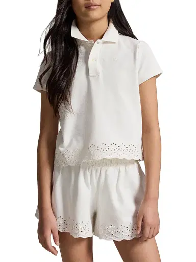Polo Ralph Lauren Little Girl's & Girl's Eyelet Stretch Mesh Polo Shirt & Shorts Set - White | Thumbnail 4 Polo Ralph Lauren Little Girl's & Girl's Eyelet Stretch Mesh Polo Shirt & Shorts Set - White | Thumbnail 4