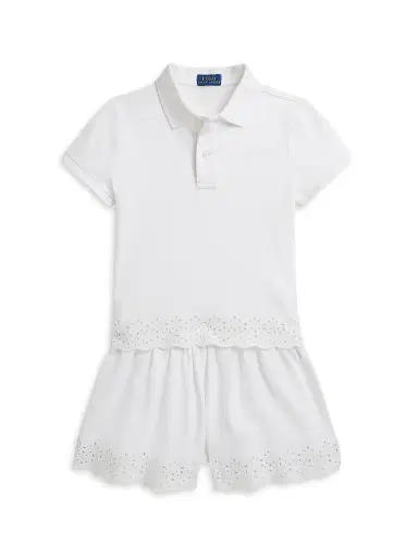 Polo Ralph Lauren Little Girl's & Girl's Eyelet Stretch Mesh Polo Shirt & Shorts Set - White | Thumbnail 1 Polo Ralph Lauren Little Girl's & Girl's Eyelet Stretch Mesh Polo Shirt & Shorts Set - White | Thumbnail 1