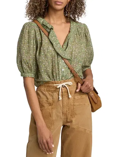 Ba&sh Women's Floral Embroidered-Trim Cotton Top - Vert - Size Large | Thumbnail 3 Ba&sh Women's Floral Embroidered-Trim Cotton Top - Vert - Size Large | Thumbnail 3