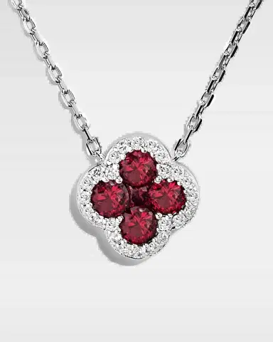 Neiman Marcus Diamonds 18K White Gold Diamond and Ruby Flower Pendant Necklace, 18"L | Thumbnail 2 Neiman Marcus Diamonds 18K White Gold Diamond and Ruby Flower Pendant Necklace, 18"L | Thumbnail 2