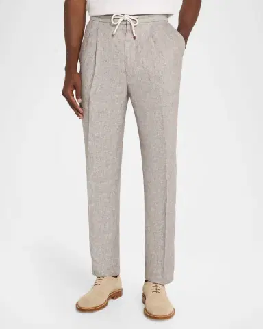 Brunello Cucinelli Men's Double-Pleated Linen Drawstring Pants | Thumbnail 4 Brunello Cucinelli Men's Double-Pleated Linen Drawstring Pants | Thumbnail 4