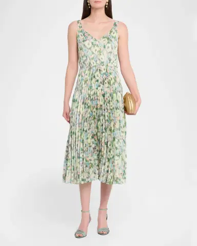 Vince Pleated Painted Garden V-Neck Midi Dress | Thumbnail 4 Vince Pleated Painted Garden V-Neck Midi Dress | Thumbnail 4