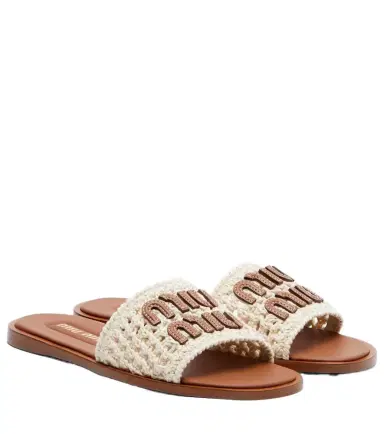 Miu Miu Leather-trimmed crochet slides | Thumbnail 1 Miu Miu Leather-trimmed crochet slides | Thumbnail 1