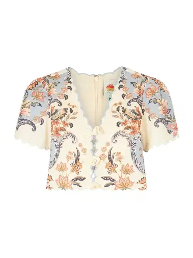 Farm Rio Cropped Floral-appliquéd Printed Linen Top | Thumbnail 1 Farm Rio Cropped Floral-appliquéd Printed Linen Top | Thumbnail 1