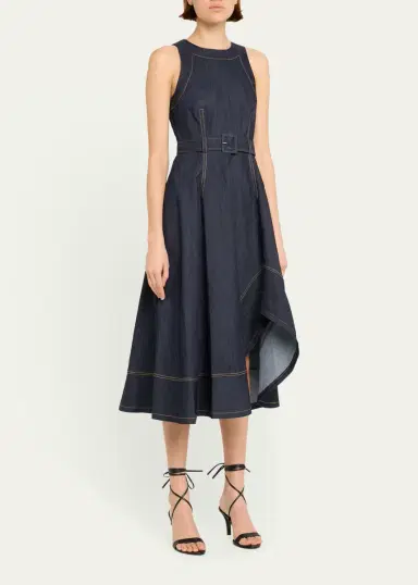 Cinq à Sept Zelda Belted Asymmetric Sleeveless Denim Midi Dress | Thumbnail 4 Cinq à Sept Zelda Belted Asymmetric Sleeveless Denim Midi Dress | Thumbnail 4