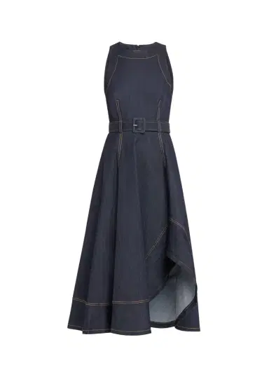 Cinq à Sept Zelda Belted Asymmetric Sleeveless Denim Midi Dress | Thumbnail 1 Cinq à Sept Zelda Belted Asymmetric Sleeveless Denim Midi Dress | Thumbnail 1
