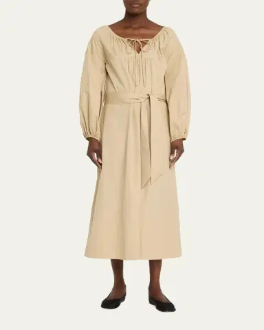Vince Shirred Cotton Belted Tie-Neck Midi Dress | Thumbnail 2 Vince Shirred Cotton Belted Tie-Neck Midi Dress | Thumbnail 2