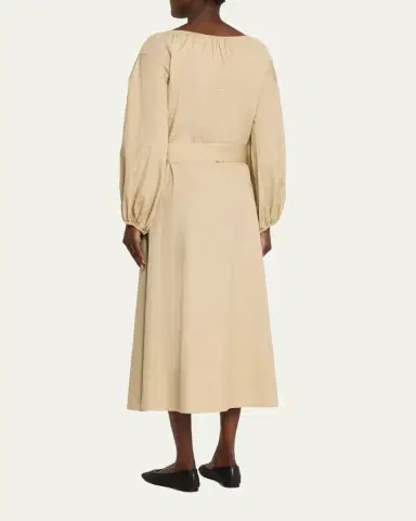 Vince Shirred Cotton Belted Tie-Neck Midi Dress | Thumbnail 3 Vince Shirred Cotton Belted Tie-Neck Midi Dress | Thumbnail 3