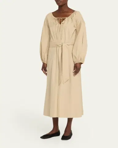 Vince Shirred Cotton Belted Tie-Neck Midi Dress | Thumbnail 4 Vince Shirred Cotton Belted Tie-Neck Midi Dress | Thumbnail 4