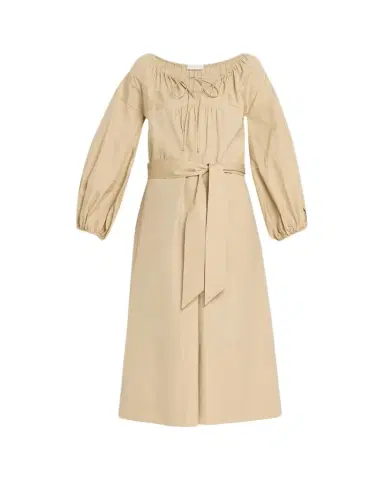 Vince Shirred Cotton Belted Tie-Neck Midi Dress | Thumbnail 1 Vince Shirred Cotton Belted Tie-Neck Midi Dress | Thumbnail 1