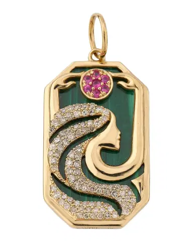 Kastel Jewelry 14K Yellow Gold Moon Goddess Pendant with Malachite, Diamonds and Rubies | Thumbnail 1 Kastel Jewelry 14K Yellow Gold Moon Goddess Pendant with Malachite, Diamonds and Rubies | Thumbnail 1
