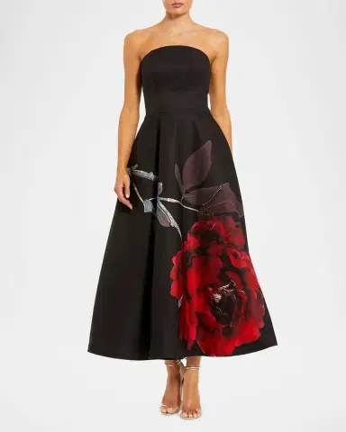 Mac Duggal Strapless Floral-Print Satin Midi Dress | Thumbnail 2 Mac Duggal Strapless Floral-Print Satin Midi Dress | Thumbnail 2