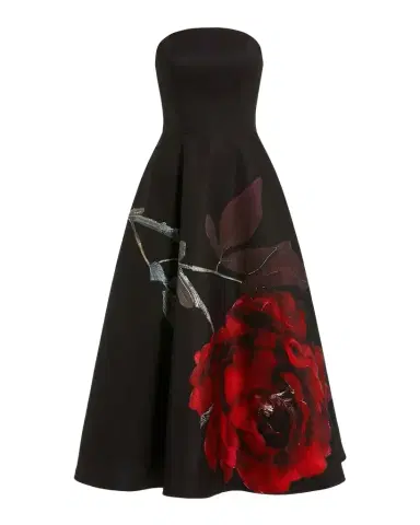 Mac Duggal Strapless Floral-Print Satin Midi Dress | Thumbnail 1 Mac Duggal Strapless Floral-Print Satin Midi Dress | Thumbnail 1