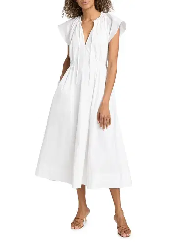Tanya Taylor Women's Ivana Split Neck Cotton-Blend A-Line Midi-Dress - Optic White | Thumbnail 2 Tanya Taylor Women's Ivana Split Neck Cotton-Blend A-Line Midi-Dress - Optic White | Thumbnail 2