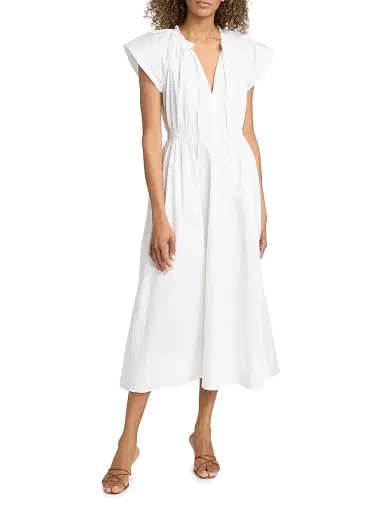 Tanya Taylor Women's Ivana Split Neck Cotton-Blend A-Line Midi-Dress - Optic White | Thumbnail 3 Tanya Taylor Women's Ivana Split Neck Cotton-Blend A-Line Midi-Dress - Optic White | Thumbnail 3