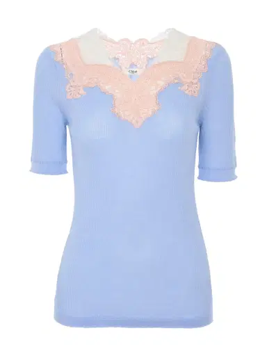 Chloé Wool Knit and Lace Elbow-Sleeve Fitted Sweater | Thumbnail 1 Chloé Wool Knit and Lace Elbow-Sleeve Fitted Sweater | Thumbnail 1