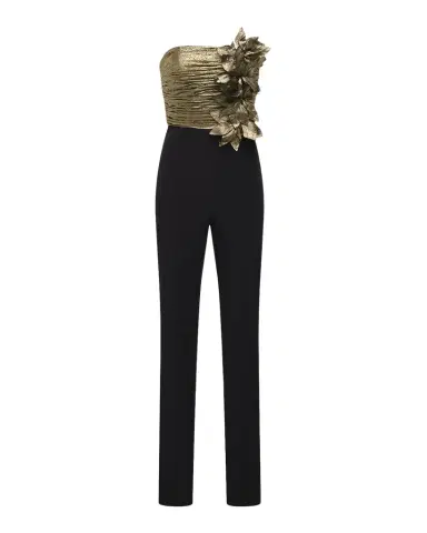 BCBGMAXAZRIA Metallic Lamé Flower Strapless Jumpsuit | Thumbnail 1 BCBGMAXAZRIA Metallic Lamé Flower Strapless Jumpsuit | Thumbnail 1