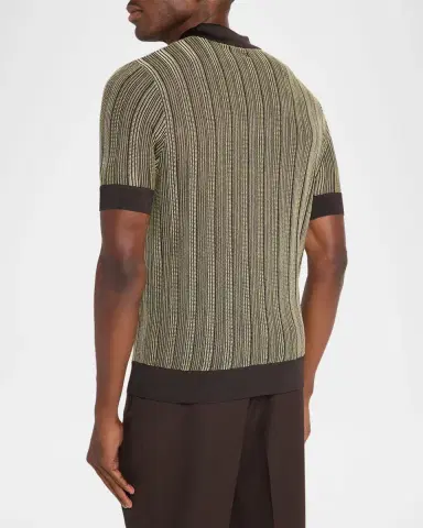 Ferragamo Men's Textured Stripe Short-Sleeve Polo Sweater | Thumbnail 3 Ferragamo Men's Textured Stripe Short-Sleeve Polo Sweater | Thumbnail 3