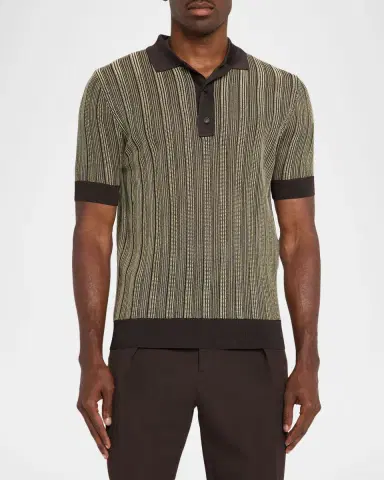 Ferragamo Men's Textured Stripe Short-Sleeve Polo Sweater | Thumbnail 4 Ferragamo Men's Textured Stripe Short-Sleeve Polo Sweater | Thumbnail 4