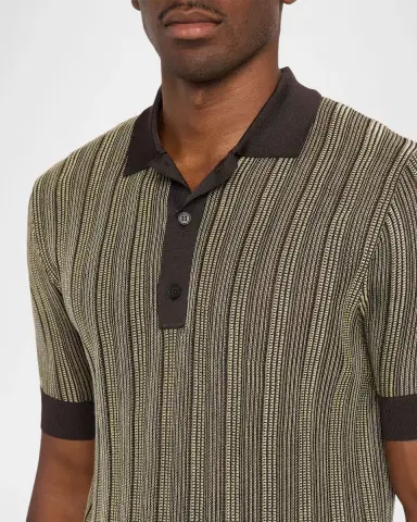 Ferragamo Men's Textured Stripe Short-Sleeve Polo Sweater | Thumbnail 5 Ferragamo Men's Textured Stripe Short-Sleeve Polo Sweater | Thumbnail 5
