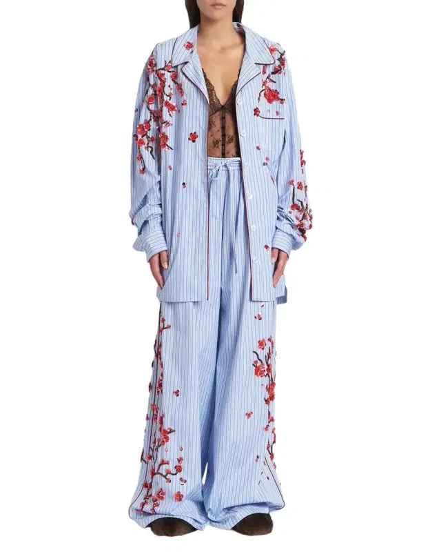Embellished Striped Wide-Leg Pajama Pants Embellished Striped Wide-Leg Pajama Pants