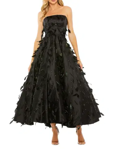 Mac Duggal Strapless Feather-Embellished Satin Maxi Dress | Thumbnail 1 Mac Duggal Strapless Feather-Embellished Satin Maxi Dress | Thumbnail 1
