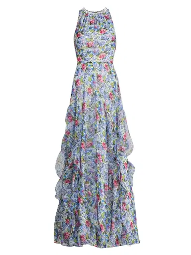 Teri Jon by Rickie Freeman Women's Floral Ruffled Chiffon Gown - Purple Multi - Size 18 | Thumbnail 1 Teri Jon by Rickie Freeman Women's Floral Ruffled Chiffon Gown - Purple Multi - Size 18 | Thumbnail 1
