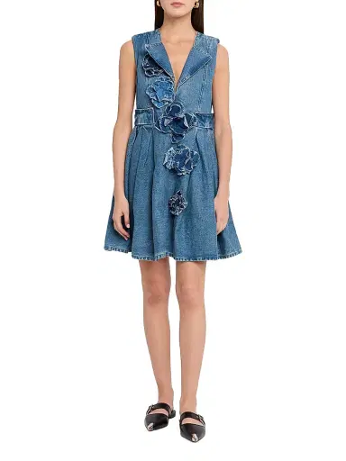 Ganni Women's Flower Denim Puff Minidress - Mid Blue Stone | Thumbnail 2 Ganni Women's Flower Denim Puff Minidress - Mid Blue Stone | Thumbnail 2