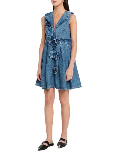 Ganni Women's Flower Denim Puff Minidress - Mid Blue Stone | Thumbnail 3 Ganni Women's Flower Denim Puff Minidress - Mid Blue Stone | Thumbnail 3
