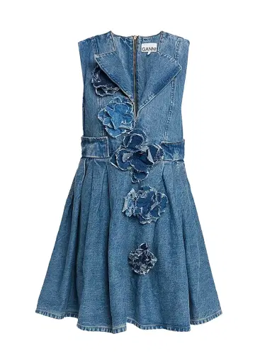Ganni Women's Flower Denim Puff Minidress - Mid Blue Stone | Thumbnail 1 Ganni Women's Flower Denim Puff Minidress - Mid Blue Stone | Thumbnail 1