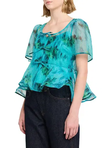 Ganni Women's Shibori Organza Peplum Blouse - Baltic | Thumbnail 3 Ganni Women's Shibori Organza Peplum Blouse - Baltic | Thumbnail 3