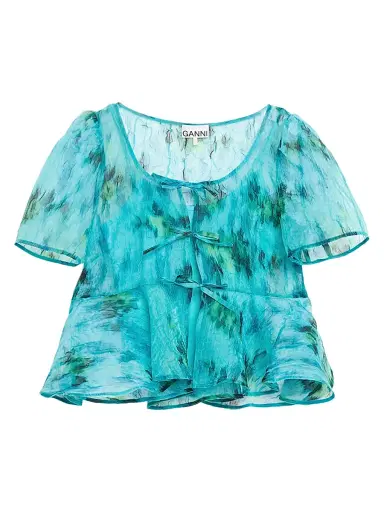 Ganni Women's Shibori Organza Peplum Blouse - Baltic | Thumbnail 1 Ganni Women's Shibori Organza Peplum Blouse - Baltic | Thumbnail 1