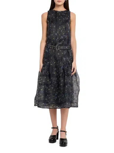 Ganni Women's Shibori Organza Belted Midi-Dress - Black Sand | Thumbnail 2 Ganni Women's Shibori Organza Belted Midi-Dress - Black Sand | Thumbnail 2