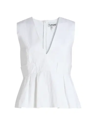 Ganni Women's Stretch-Cotton V-Neck Blouse - Bright White | Thumbnail 1 Ganni Women's Stretch-Cotton V-Neck Blouse - Bright White | Thumbnail 1