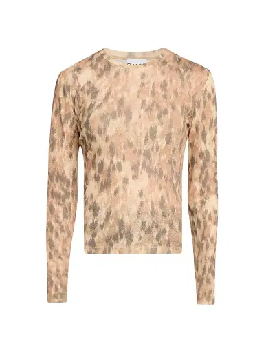 Ganni Women's Abstract-Print Marl Mesh Long-Sleeve Top - Burro | Thumbnail 1 Ganni Women's Abstract-Print Marl Mesh Long-Sleeve Top - Burro | Thumbnail 1