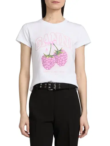 Ganni Women's Raspberry Logo Cotton Baby-Fit T-Shirt - Bright White | Thumbnail 3 Ganni Women's Raspberry Logo Cotton Baby-Fit T-Shirt - Bright White | Thumbnail 3