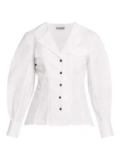 Ganni Women's Seamed Stretch-Cotton Shirt - Bright White | Thumbnail 1 Ganni Women's Seamed Stretch-Cotton Shirt - Bright White | Thumbnail 1