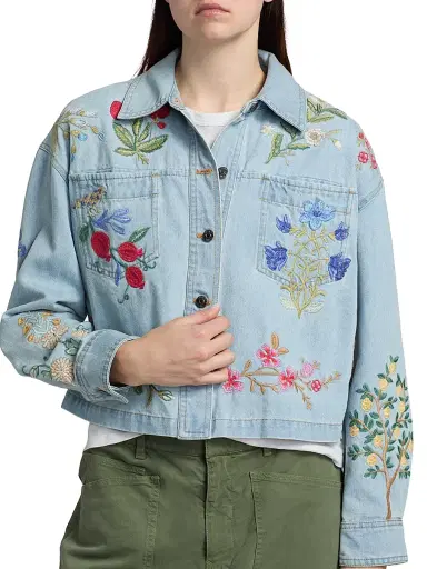 Johnny Was Women's Beatrix Embroidered Denim Crop Jacket - Denim Blue | Thumbnail 6 Johnny Was Women's Beatrix Embroidered Denim Crop Jacket - Denim Blue | Thumbnail 6